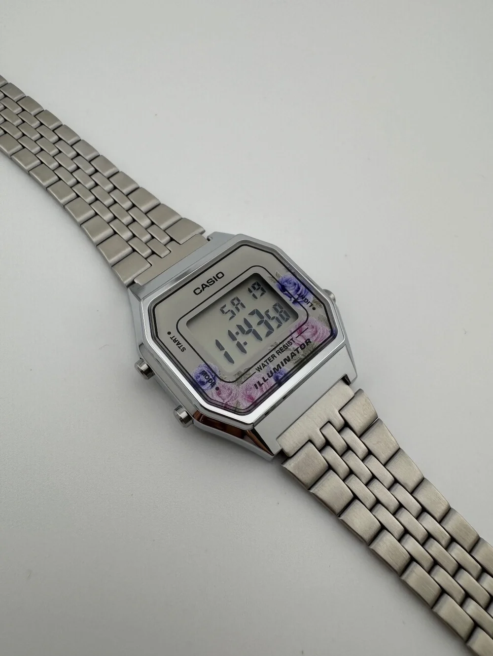 Casio Vintage Floral Digital Watch, Silver Stainless Steel Bracelet, Unisex